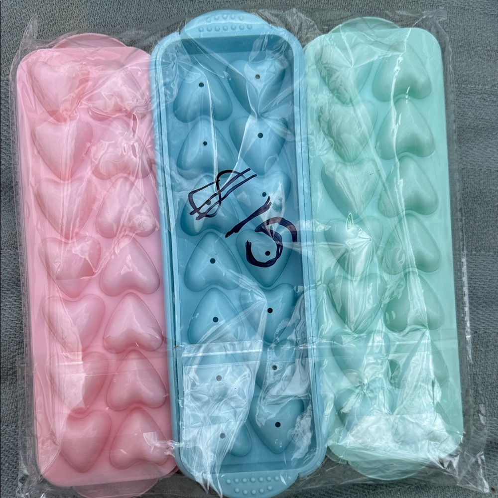 Heart-Shaped Ice Cube Trays in Pink, Blue, and Green